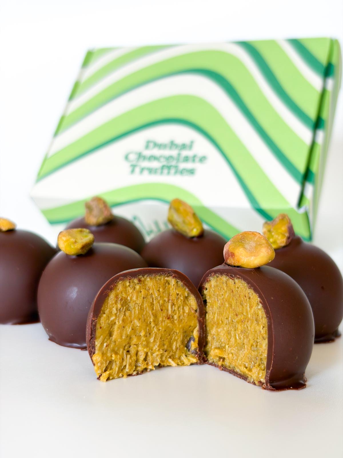 Dubai chocolate truffles with pistachio and kataifi center