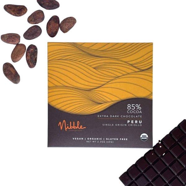 Extra Dark Chocolate | 85% Cocoa Peru | Organic | Nibble Chocolate
