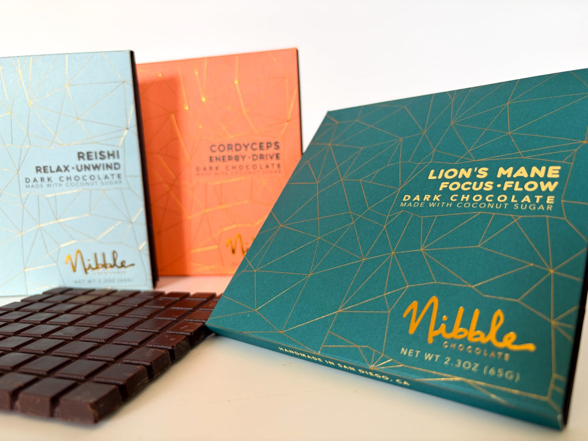 Nibble functional dark chocolate bars with Reishi, Cordyceps and Lion’s Mane, handmade in San Diego, California.