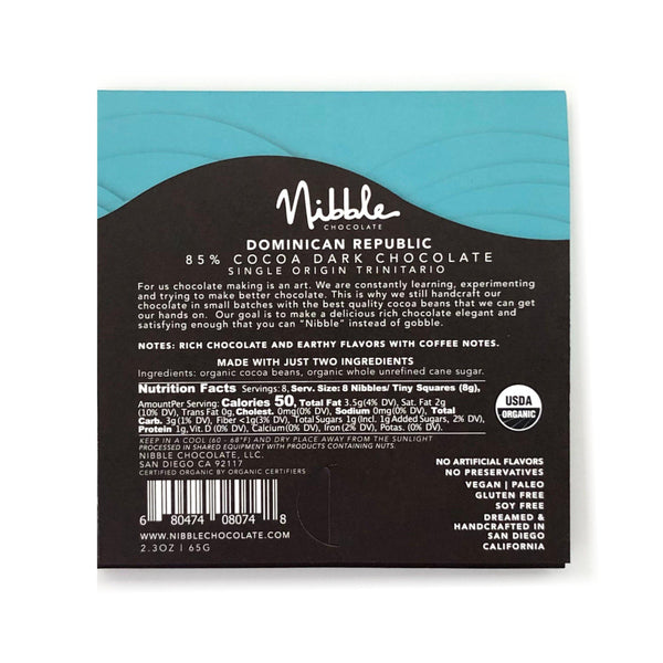 Extra Dark Chocolate | 85% Cocoa Dominican Republic | Organic | Nibble
