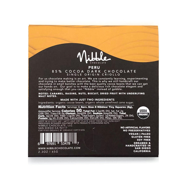 Extra Dark Chocolate | 85% Cocoa Peru | Organic | Nibble Chocolate