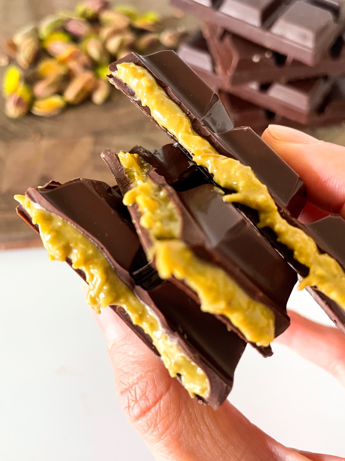 Chocolate pieces filled with pistachio cream