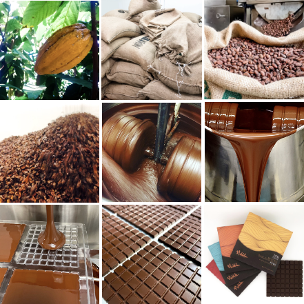 Collage showing cacao, chocolate making and finished Nibble chocolate bars