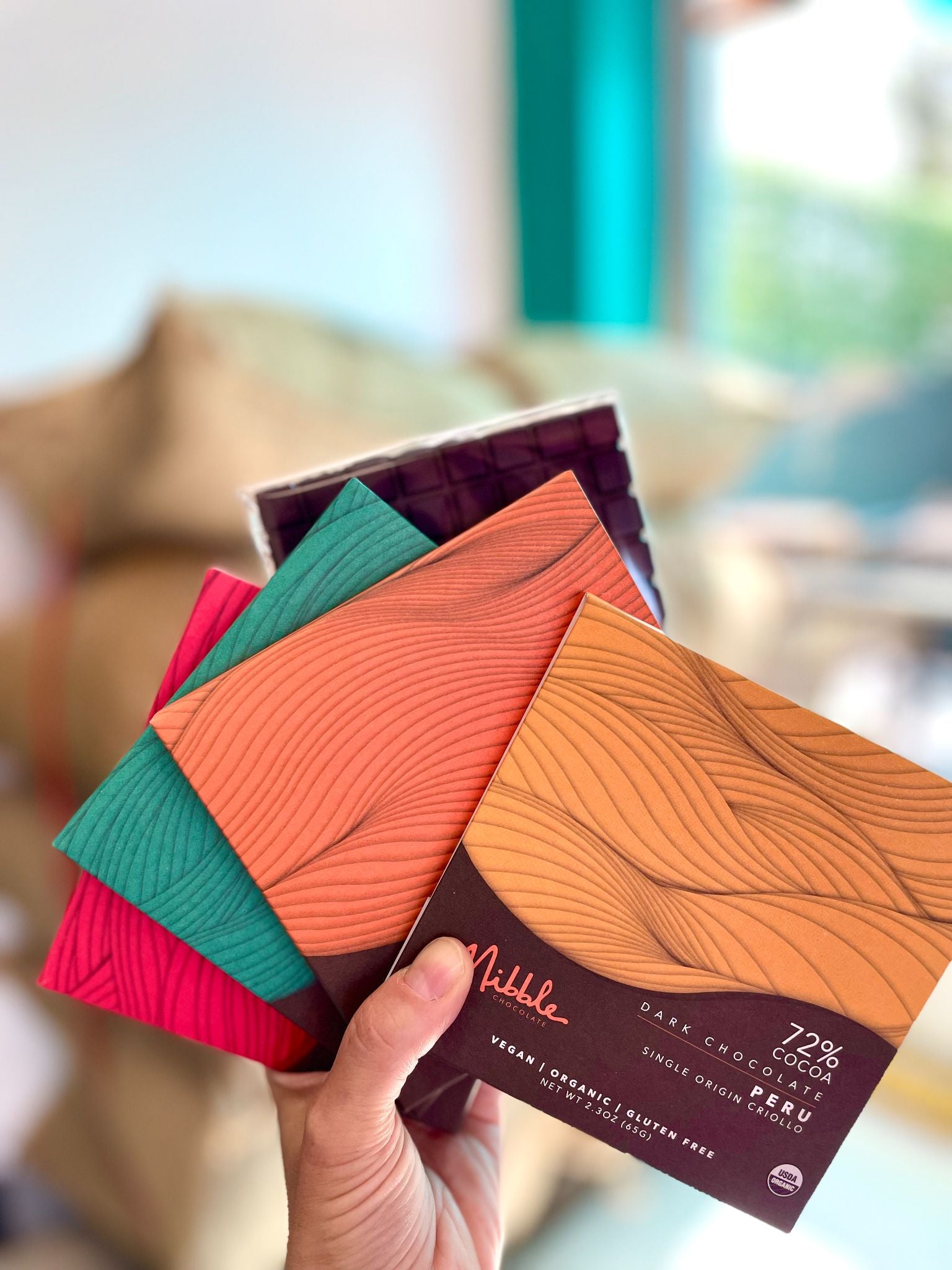 Colorful Nibble single-origin chocolate bars